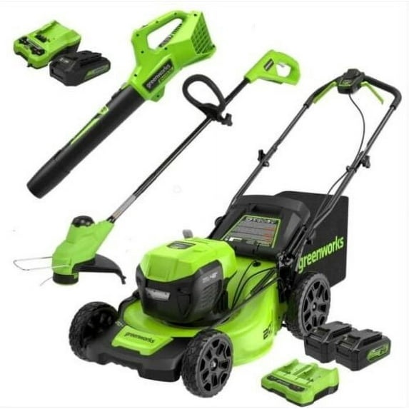 Greenworks 48V (2x24V) 20" Cordless Mower, 10" String Trimmer, & 320 CFM Blower,batteries and chargers included