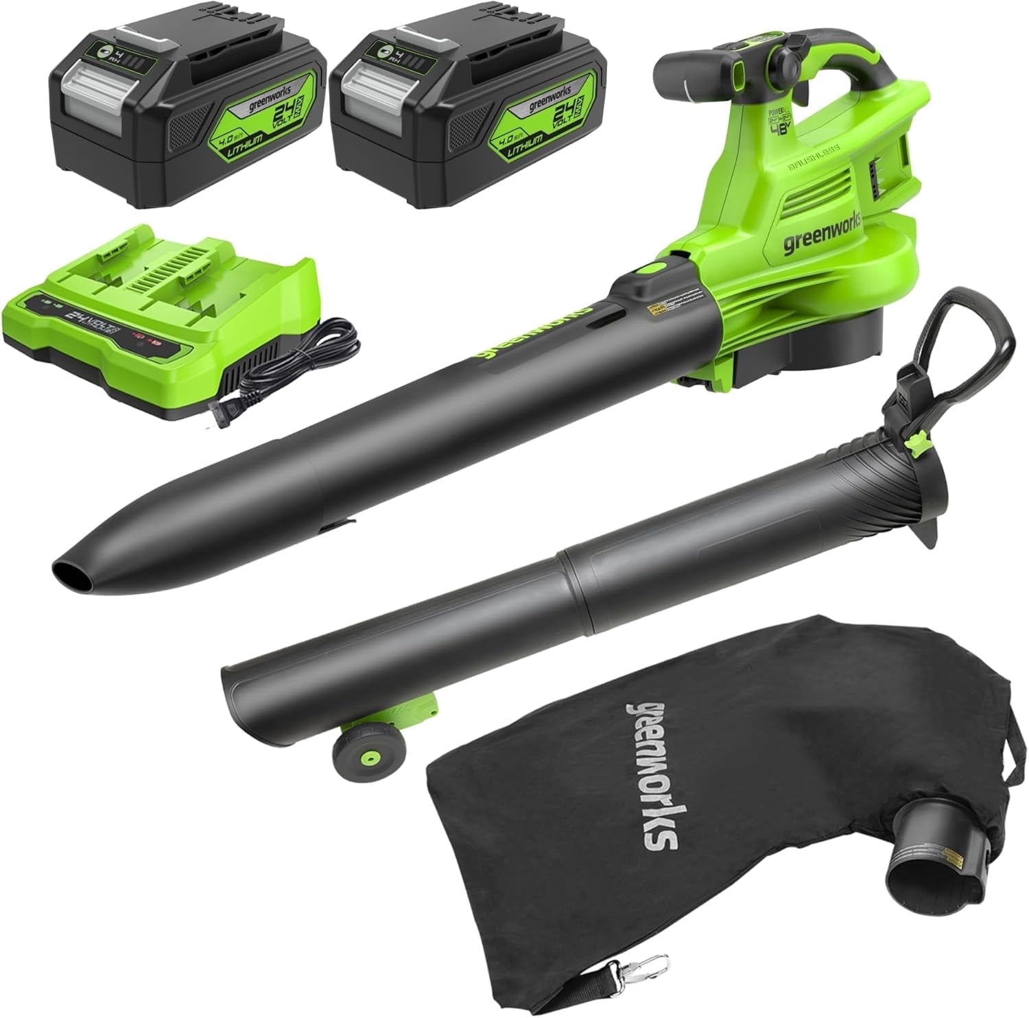 Greenworks 48V (24V x 2) 520 CFM Brushless Leaf Blower Vacuum w (2