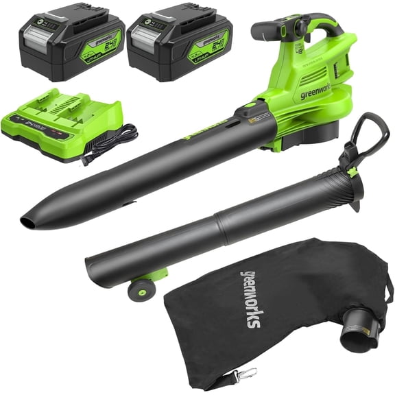 Greenworks 48V (24V x 2) 520 CFM Brushless Leaf Blower Vacuum w (2) 4.0Ah Battery & Dual Port Charger