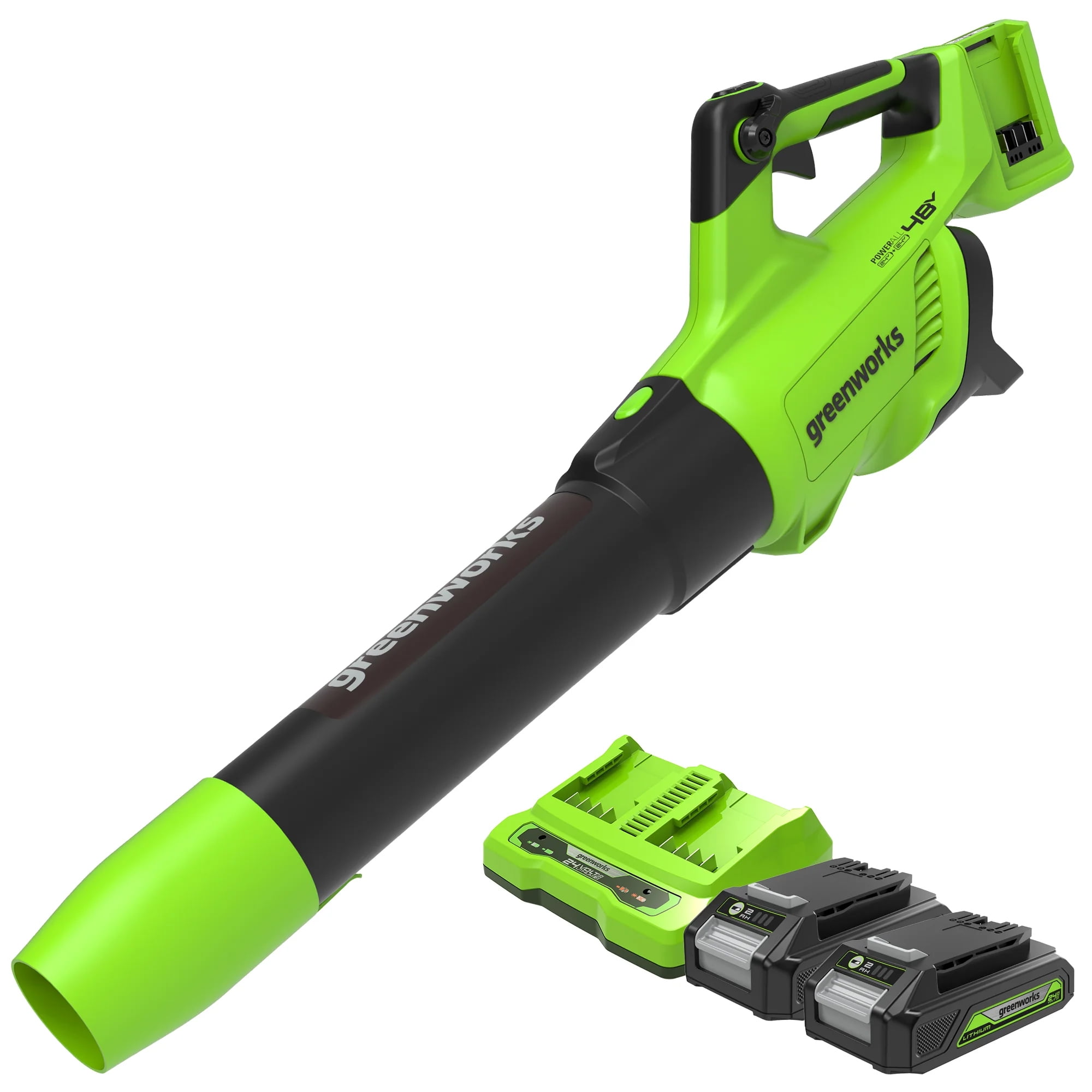 Greenworks 48V (24V x 2) Brushless Leaf Blower 515​CFM 125MPH Leaf Blower + 2 (24V) 2.0Ah Batteries & 4A Dual Port Charger