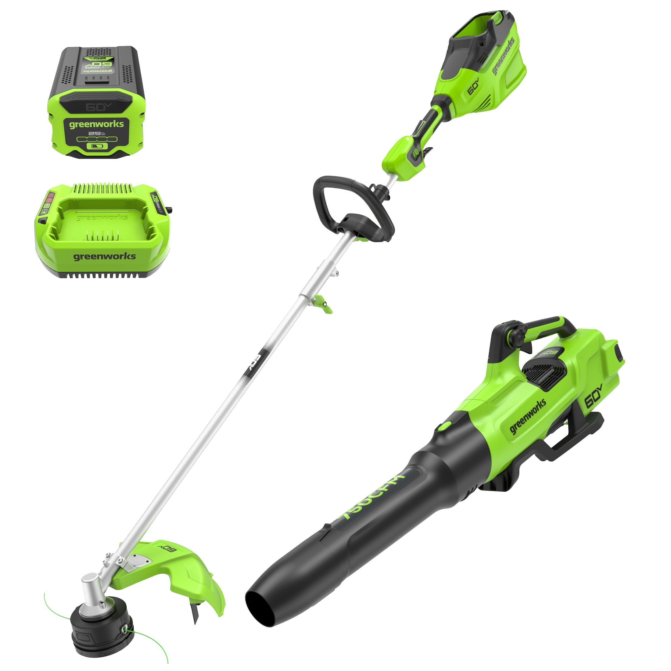 Greenworks 60V 16 String Trimmer 750 cfm 180 mph Blower Combo 2.5Ah Battery Charger Walmart