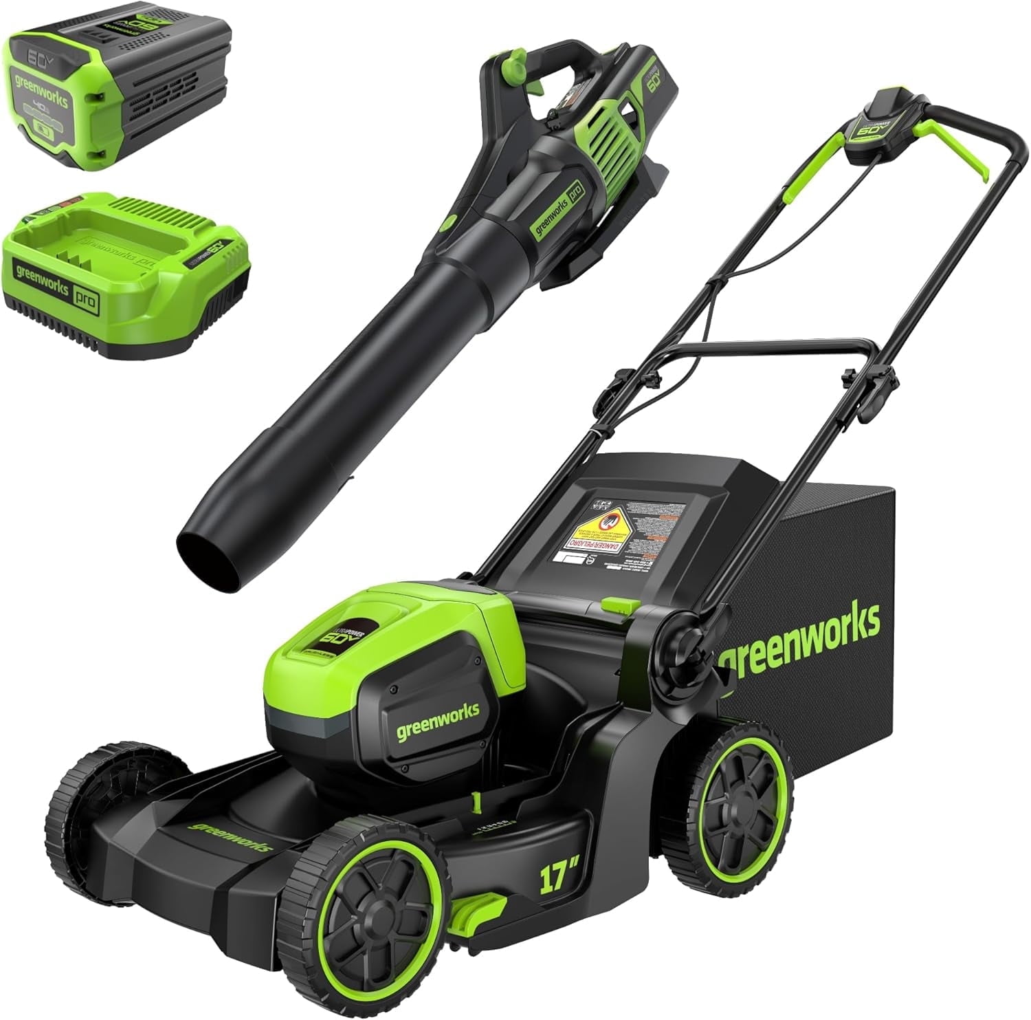 Greenworks 60V 17" Brushless (Push) Mower + 60V (610 CFM) Brushless Blower, 4.0Ah Battery and 3A Charger