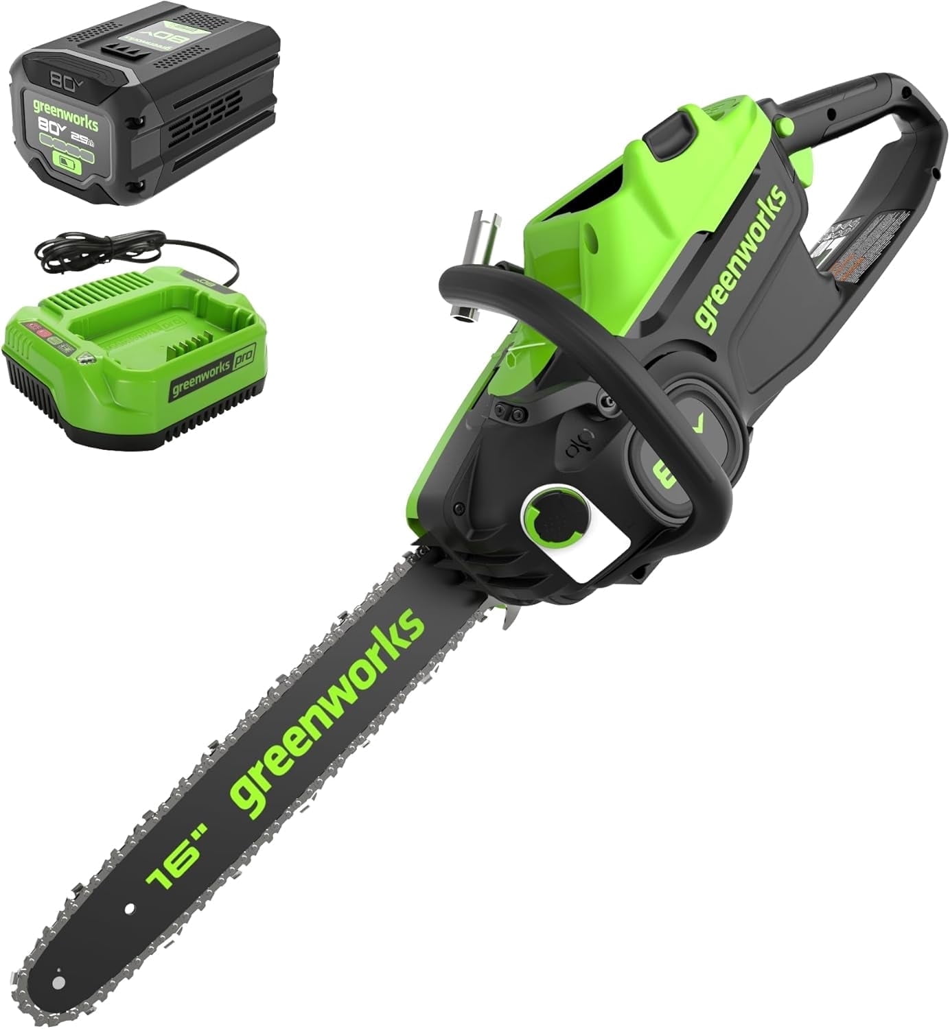 Greenworks 80V 16" Brushless (2.0 kw) Chainsaw (Gen 2), 2.5Ah Battery and 2A Charger