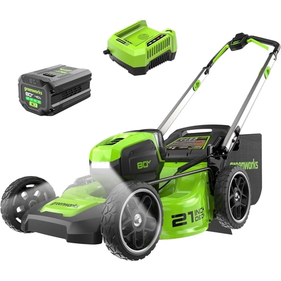 Greenworks 80V 21" Brushless Cordless (Push) Lawn Mower (LED Headlight + Aluminum Handles), 4.0Ah Battery and Rapid Charger Included (75+ Compatible Tools)