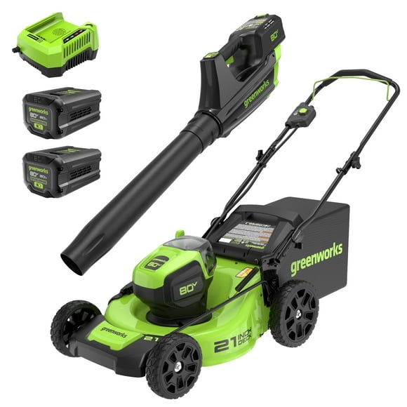Greenworks 80V 21" Brushless Push Cordless Electric Lawn Mower + 500 CFM Axial Leaf Blower, with Two 2.0Ah Batteries and 30 Minute Rapid Charger