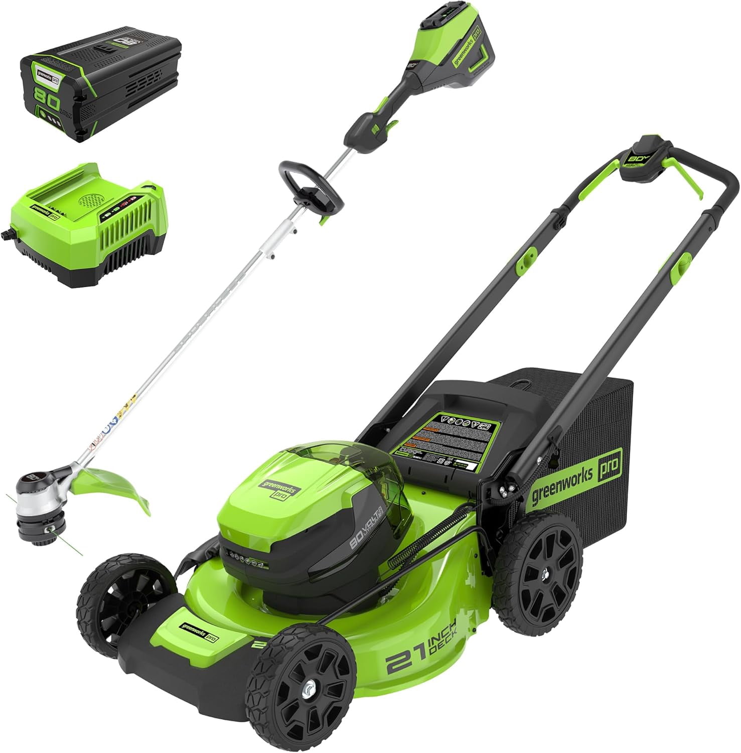 Greenworks 80V 21" Cordless Battery Push Lawn Mower,16" Cordless Battery String Trimmer Combo Kit w/(1) 4Ah Battery & (1) 4A Rapid Charger