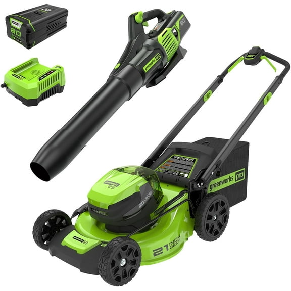 Greenworks 80V 21" Cordless Battery Push Lawn Mower,730 CFM Cordless Battery Leaf Blower,Combo Kit w/(1) 4Ah Battery & (1) 4A Rapid Charger
