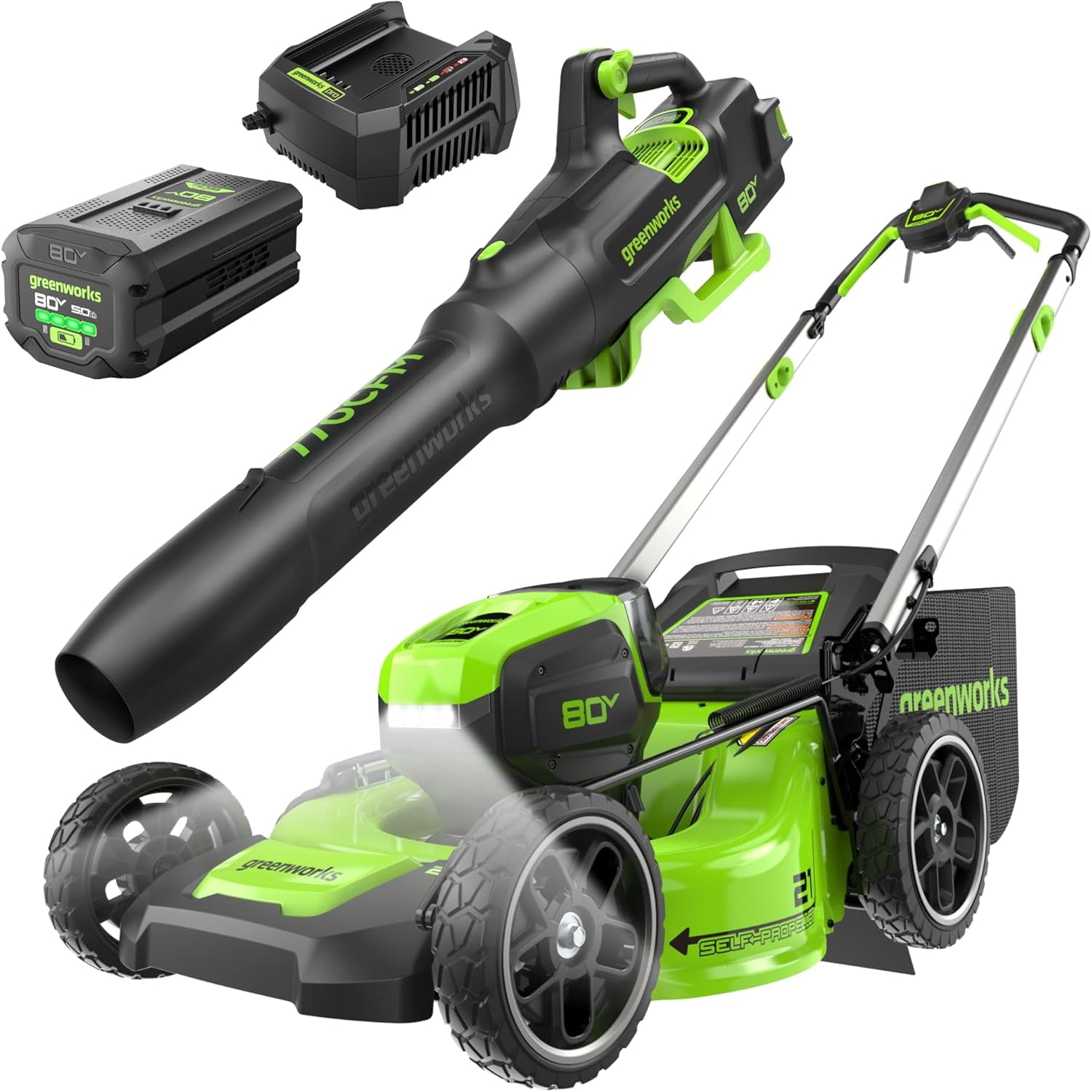 Greenworks 80V 21" Self-Propelled Lawn Mower + Blower (Gen 2), 5.0Ah Battery