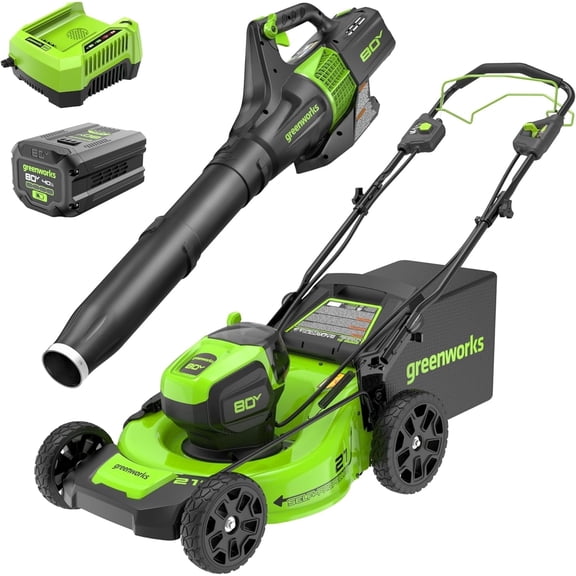 Greenworks 80V 21" Self-Propelled Mower/580CFM Blower Combo kit with 4Ah Battery and 4A Rapid Charger