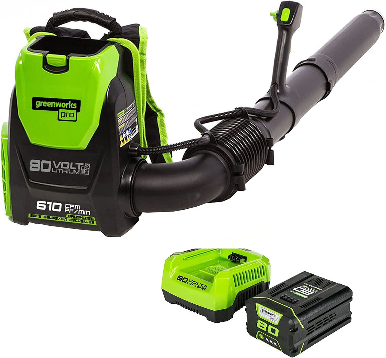 Greenworks 80V Leaf Cordless Rechargeable Electric Backpack Blower, 610 CFM with 2.5 Ah Battery & Charger
