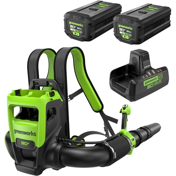 Greenworks 80V (850 CFM) Dual Port Backpack Blower with (2) 5 Ah Batteries, DP Rapid Charger