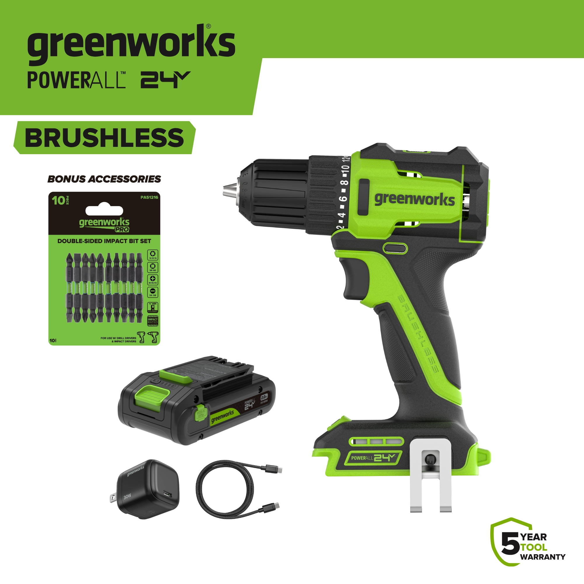 Greenworks 24V 3/8" 280 in-lb Drill, with 2 Ah USB-C Battery, Included 10 Pc Double Side Impact Bit Set, DD330A7
