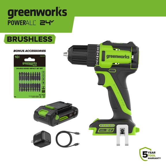 Greenworks 24V 3/8" 280 in-lb Drill, with 2 Ah USB-C Battery, Included 10 Pc Double Side Impact Bit Set, DD330A7