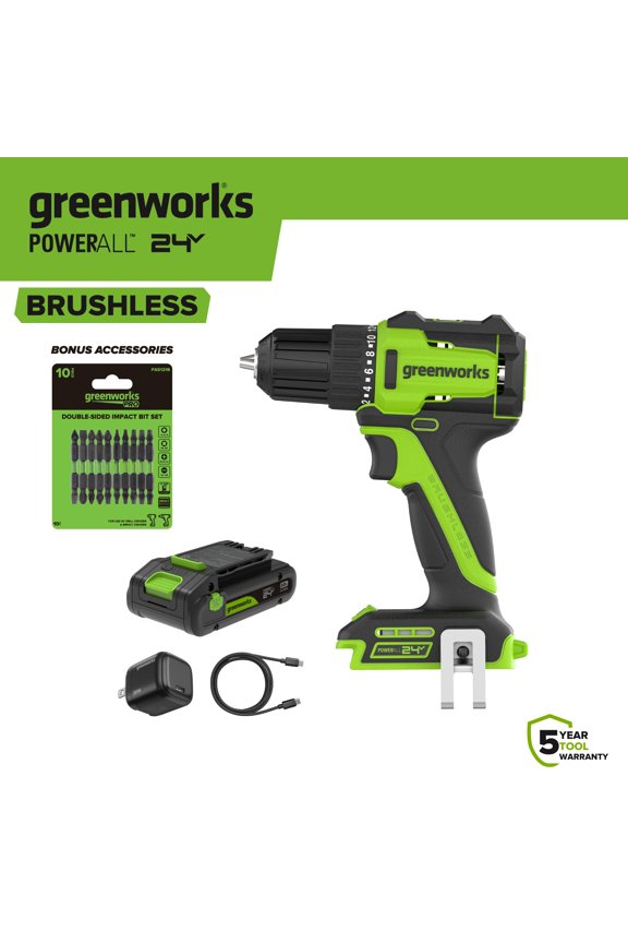 24V 3/8" 280 in-lb Drill, with 2 Ah USB-C Battery, Included 10 Pc Double Side Impact Bit Set, DD330A7