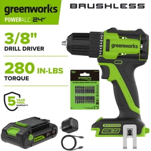 Greenworks PowerAll 24V sin escobillas Taladro de 3/8" de 280 in-lb, con batería USB-C de 2Ah, DD330A7