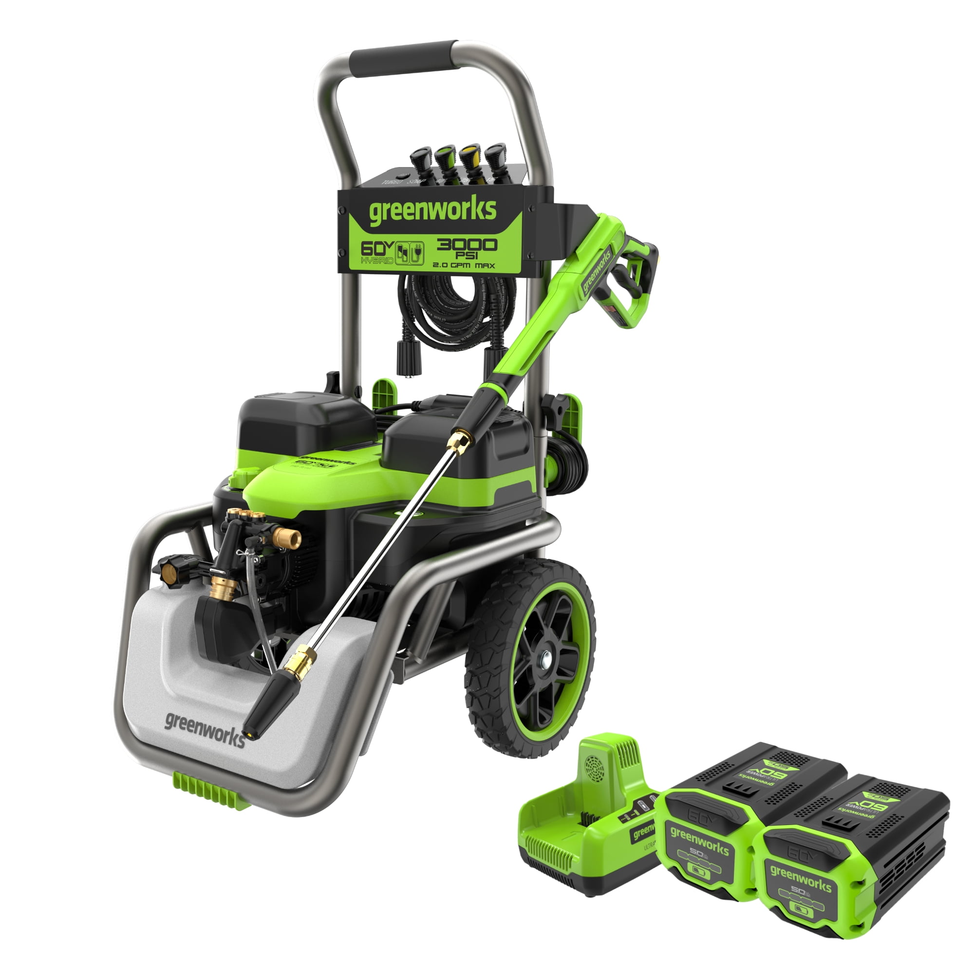 Greenworks Hybrid 60V 3000 MAX PSI at 2.0 GPM MAX Electric Pressure Washer + (2) 5.0Ah Batteries & Dual-Port Charger 5128202