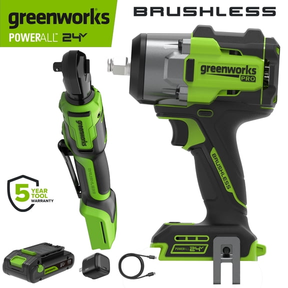 Greenworks 24V Brushless Auto Bundle, 60 ft LB 3/8" Ratchet Wrench, 750 ft LB 1/2" Impact Wrench, 2Ah USB-C Battery, 30W Charger and Cable, PowerAll