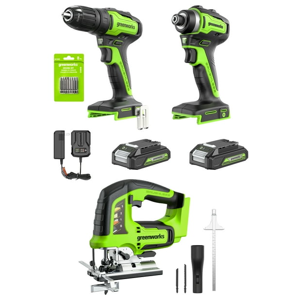 Greenworks New 24V Carpentry 3 Power Tool, Brushless Drill Driver Combo