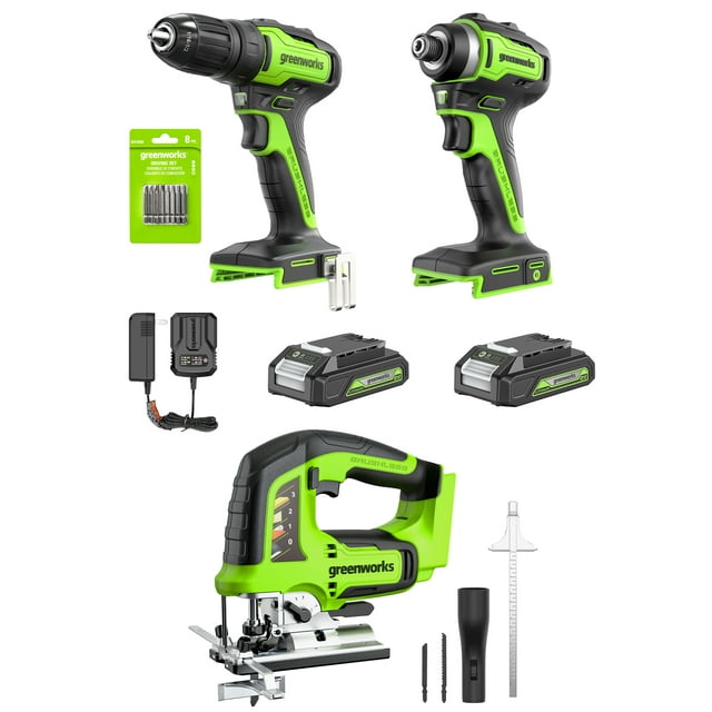 Greenworks New 24V Carpentry 3 Power Tool, Brushless Drill Driver Combo Kit with Two 2Ah Batteries & Charger