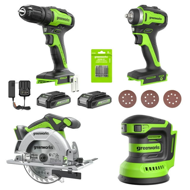 Greenworks New 24V Carpentry 4 Power Tool, Brushless Drill Driver Combo
