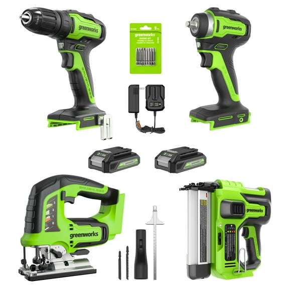 Greenworks 24V Carpentry Tool, Brushless Drill Driver Combo Kit + Two 2Ah Batteries & Charger