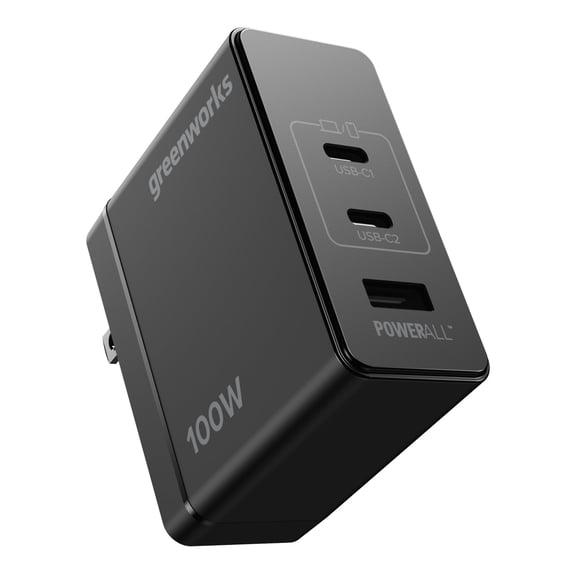 Greenworks POWERALL 100W USB-C,USB-A GaN II Charger, 3-Port Foldable Compact Fast PPS Wall Charger Type-C, Travel Charger