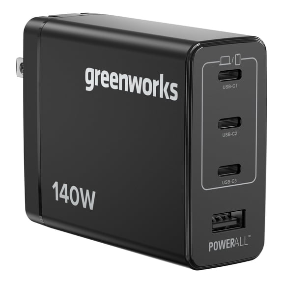 Greenworks POWERALL 140W USB-C, USB-A GaN II Charger, 4-Port Foldable Compact Fast PPS Wall Charger Type-C, Travel Charger,Fast Charging for MacBook Pro,iPhone, iPad,Galaxy S24/S23