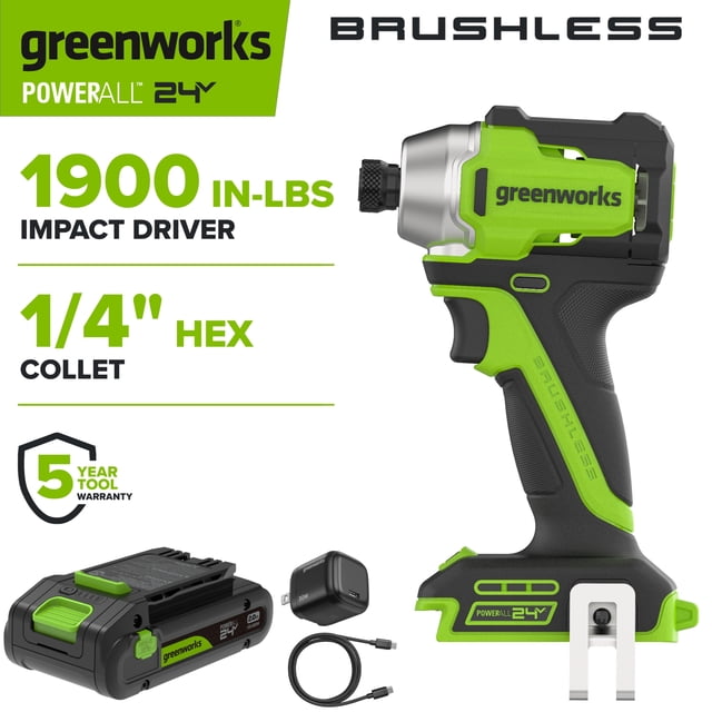Greenworks PowerAll 24V 1,900 in-lb Impact Driver, 2.0 Ah USB-C Battery
