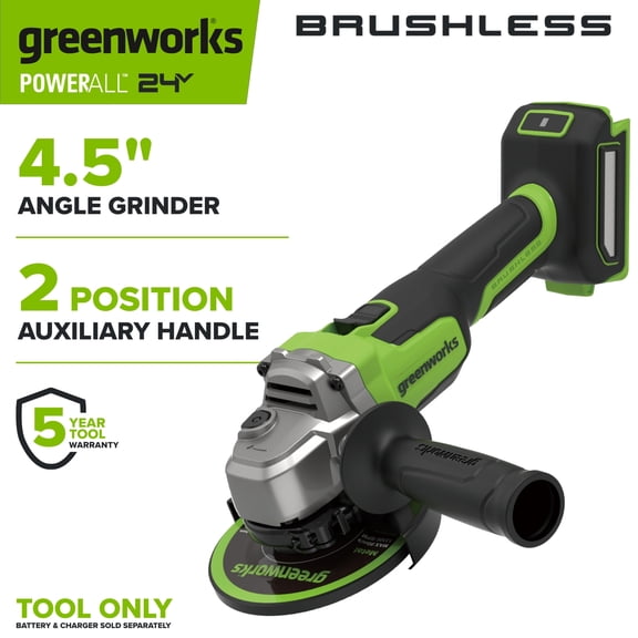 Greenworks PowerAll 24V 4-1/2" Angle Grinder, with Handle, Grinding Wheel, and Guards
