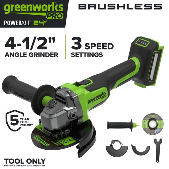 Greenworks Pro PowerAll 24V 4-1/2" Angle Grinder, with Handle, Grinding Wheel, Guards, and Spanner Wrench