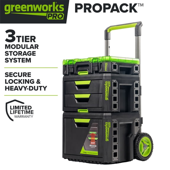 Greenworks Pro ProPack 3-Tier Modular Tool Storage System – Heavy-Duty Rolling Stackable Organizer with Locking Latches & Durable Jobsite Storage