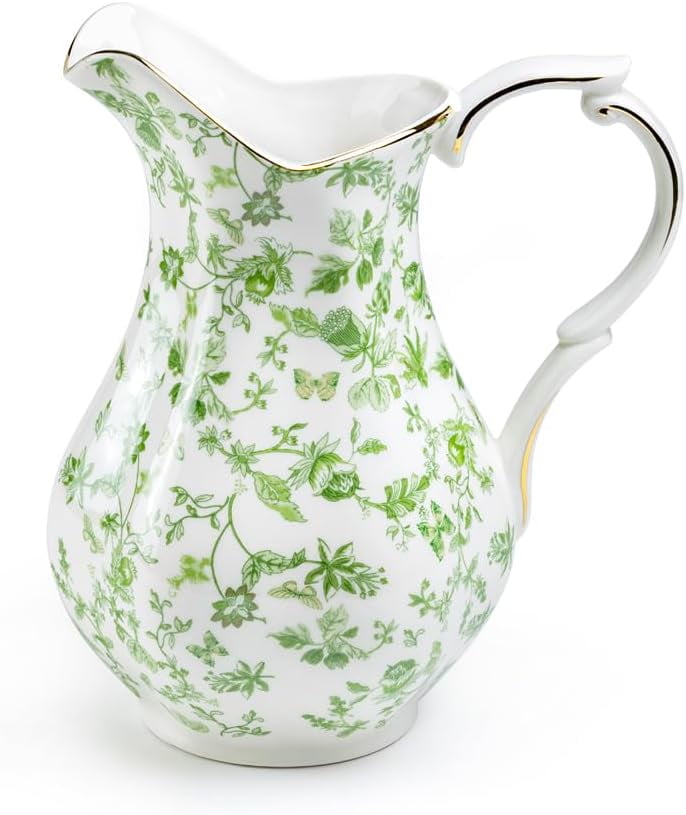 Greeny Garden Fine Porcelain 9-inch Tall Large Pitcher, 48oz Capacity, Serving Water, Juice, Beverages, Can Be Used As Vase, Easter Spring Nature-Inspired Home