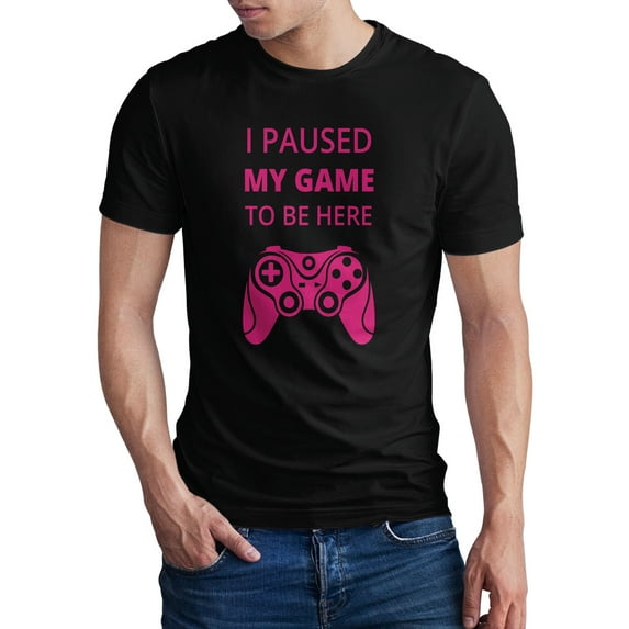 Greenyef Graphics I Paused My Game to Be Here Gamer Gift Funny Tee Men's T-Shirt Style-23 (Black & Pink, Medium)