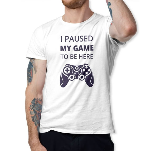 Greenyef Graphics I Paused My Game to Be Here Gamer Gift Funny Tee Men's T-Shirt Style-23 (White & Purple, Large)