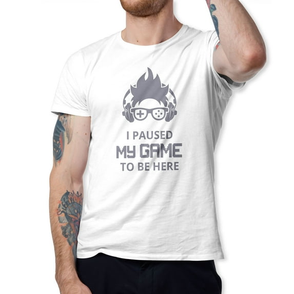 Greenyef Graphics I Paused My Game to Be Here Gamer Gift Funny Tee Men's T-Shirt Style-36 (White & Dark Gray, Large)
