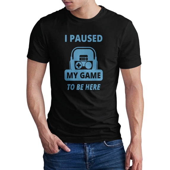 Greenyef Graphics I Paused My Game to Be Here Gamer Gift Funny Tee Men's T-Shirt Style-39 (Black & Sky Blue, Medium)