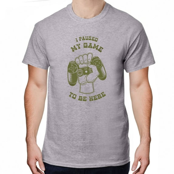 Greenyef Graphics I Paused My Game to Be Here Gamer Gift Funny Tee Men's T-Shirt Style-43 (Gray & Military Green, Medium)