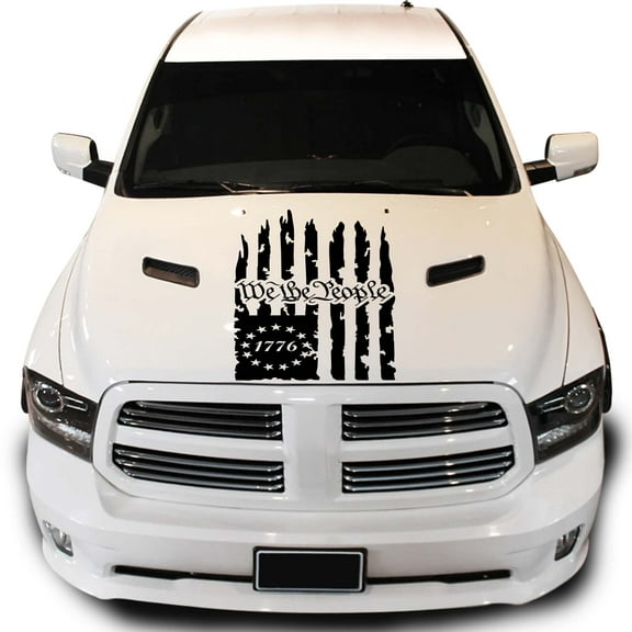 Greenyef Graphics We The People Betsy Ross Flag 1776 Distressed American USA US Flag Hood Vinyl Decal Preamble of The US Constitution fits most Pickup Trucks (23" x 36", Black)