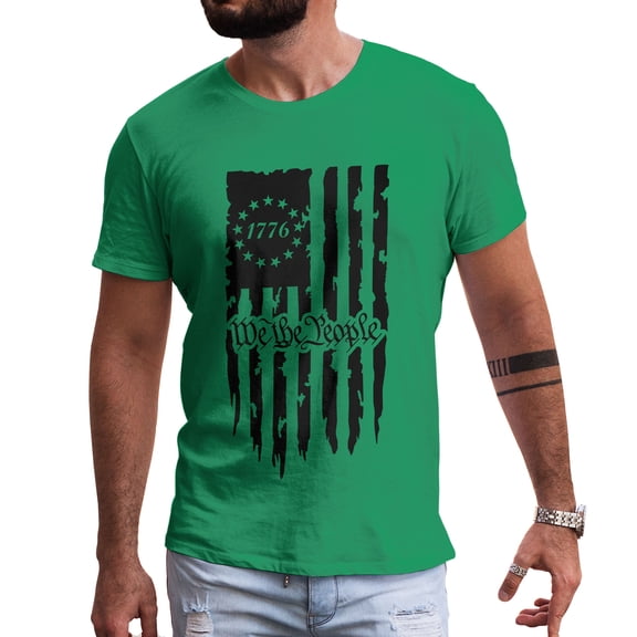 Greenyef Graphics We The People 1776 Distressed American USA Flag Men's T-Shirt (Antique Irish & Black, Large)