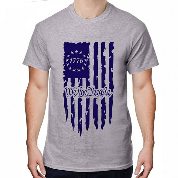 Greenyef Graphics We The People 1776 Distressed American USA Flag Men's T-Shirt (Gray & Navy Blue, X-Large)
