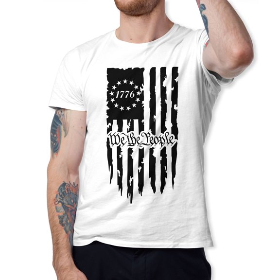 Greenyef Graphics We The People 1776 Distressed American USA Flag Men's T-Shirt (White & Black, Medium)