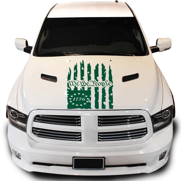 Greenyef Graphics We The People Betsy Ross Flag 1776 Distressed American USA US Flag Hood Vinyl Decal Preamble of The US Constitution fits most Pickup Trucks (23" x 36", Forest Green)