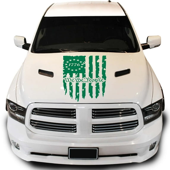 Greenyef Graphics We The People Betsy Ross Flag 1776 Distressed American USA US Flag Hood Vinyl Decal Sticker Preamble of The US Constitution fits most Pickup Trucks (23" x 36", Green)