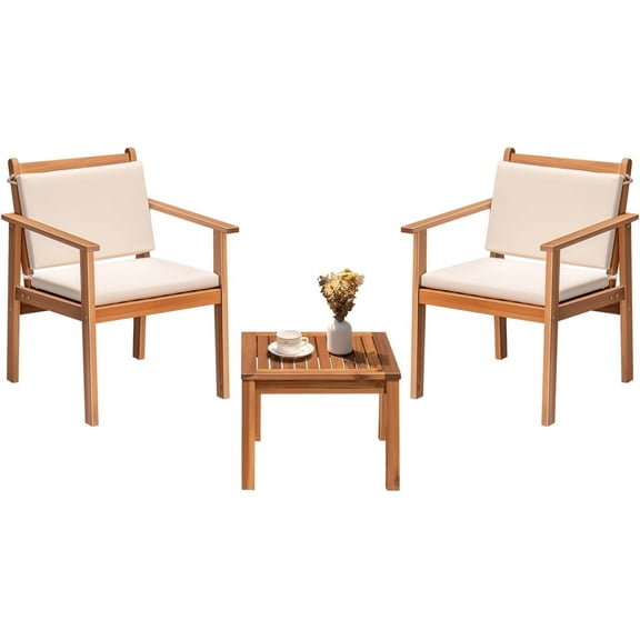 Greesum Outdoor Patio Furniture, 3 Piece Bistro Sofa Set with 1 Coffee Table and 2 Chairs, Acacia Wood Conversation Sets with Cushions, for Garden, Backyard, Poolside, White