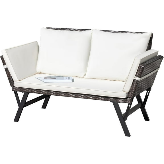 Greesum Outdoor Sofa, Woven Rattan Patio Furniture, Convertible Daybed or Double Chair with Adjustable Armrests, Cushions and Pillows for Yard, Porch, Pool, Brown Lounger & Beige Pillowcase