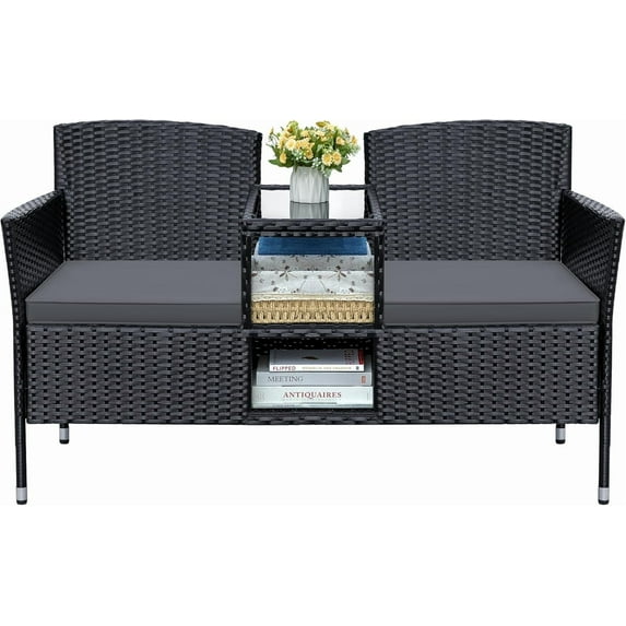 Greesum Patio Loveseat Outdoor Wicker Furniture Conversation Set with Soft Cushions & Built-in Coffee Table for Lawn Garden Backyard, Gray