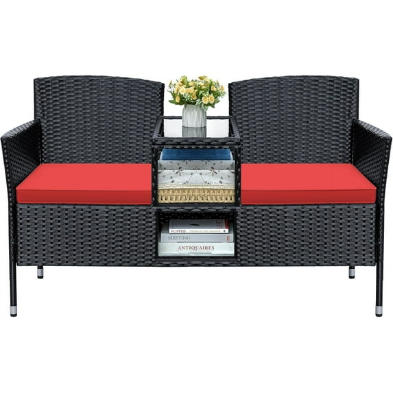 Greesum Patio Loveseat Outdoor Wicker Furniture Conversation Set with Soft Cushions & Built-in Coffee Table for Lawn Garden Backyard, Red