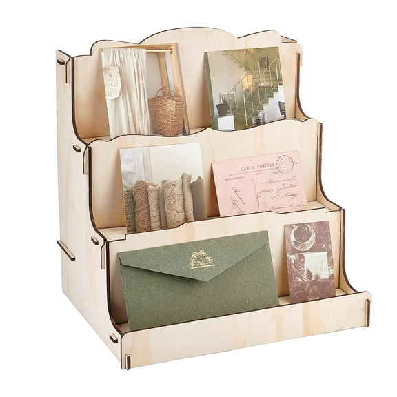 Greeting Card Display Stand 3 Tiers Wooden Card Display Rack Portable Postcard Holder Sticker Display Stand Pictures Storage Organizer Shelf for Gift Card Bookmark Vendors Cafe Home