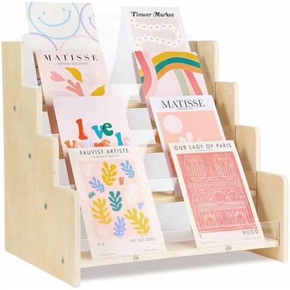 Greeting Card Display Stand , Acrylic Sticker Display Holder for Vendors, Counter Retail Display Rack , 4-Tiered Wooden/Acrylic Display stand for postcard /Brochure/Photos/Picture
