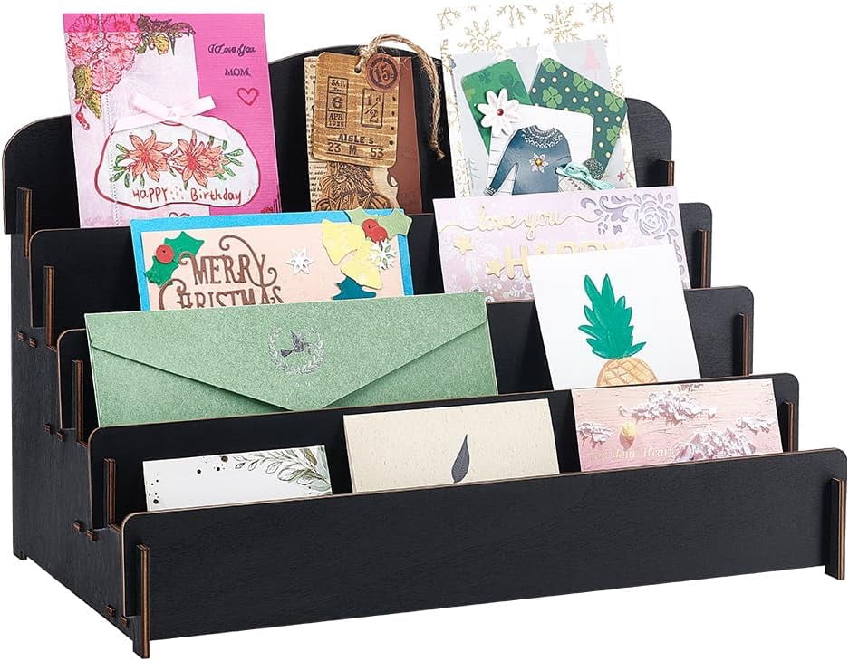 Greeting Card Display Stand Holder 4-Tier Wooden Organizer Display Rack Postcard Display Portable Birthday Card Display Sticker Display Stand for Vendors Counter Retail Display Holder Black